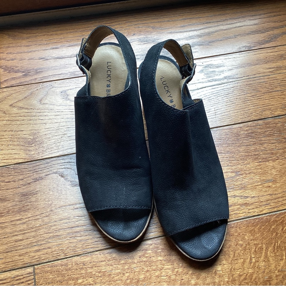 LUCKY BRAND Slingback open toe block heel Sandal Black Leather 8M